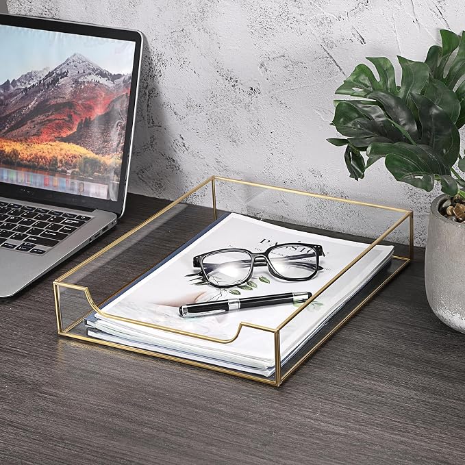 BTSKY 1 Pack Golden Glass Desk Tray, Multi-Purpose Organizer for A4 Paper, Documents, Desk Supplies, Makeup, Clear File Tray with Metal Frame, Stackable Decorative Storage for Home Office Vanity