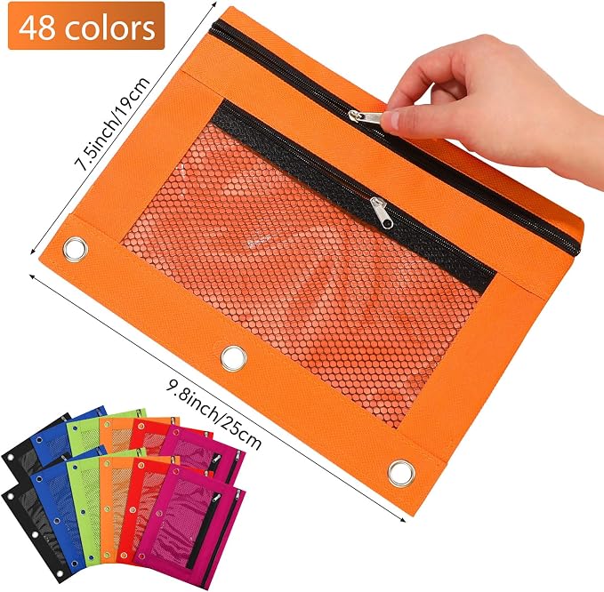 Leelosp 48 Pack Pencil Pouch for 3 Ring Binder,Bright Colors | Bulk Mesh Zipper Binder Pouches Pencil Boxes for Classroom Pencils Case Bags for Storing School Students Teacher Supplies
