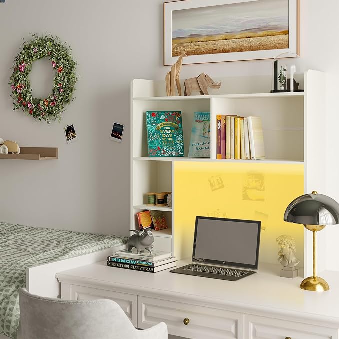 ChooChoo Desktop Bookshelf with Lights and 5 Shelves and 1 Drawer | 36.4" Tall Countertop Desk Hutch, Computer Desk, Desk Shelf Organizer, Dorm Office Home, White