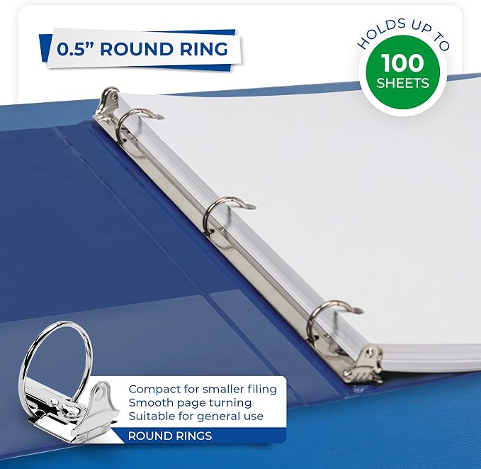 Samsill 0.5 Inch 3 Ring Binder, Economy Round Ring, Clear View Cover, 100 Sheet Capacity - for School, Home, Office - Blue, 4 Pack