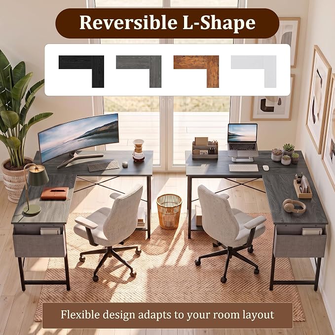 Alpen Gaming Desk, Home Office L Shaped Desk, Small Computer Corner PC Table with Side Bag and Reversible Shelf, Sturdy Writing Workstation for Bedroom, Living Room, Grey