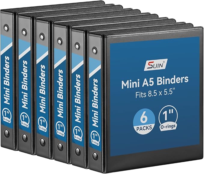 SUIN Mini 3 Ring Binder A5 Size 5.5"x8.5", 1" Round Ring 200 Sheet Capacity, Bulk 6 Pack Black Binders for School Office