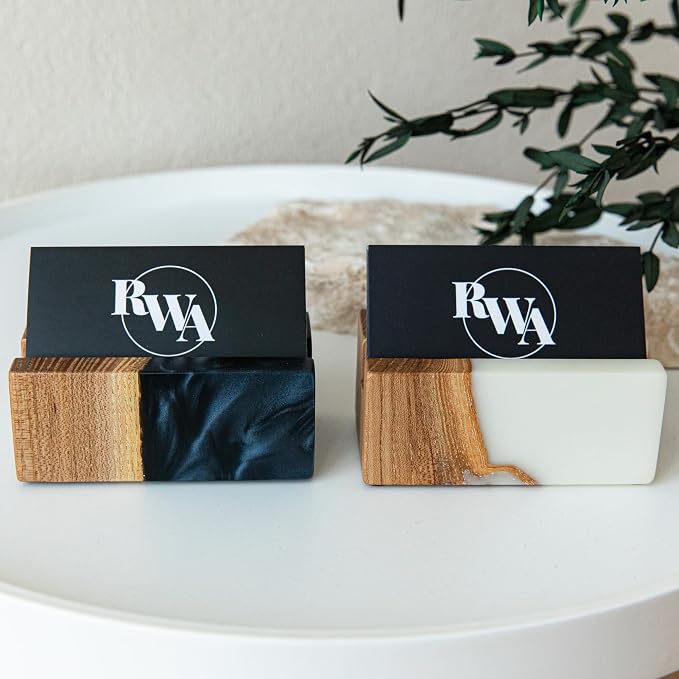 RWA Business Card Holder for Men & Women - Handcrafted Epoxy & Wood, Stylish & Durable Business Card Organizer, Premium Business Card Holders Desk Accessory for Professionals - ELEMENT, white