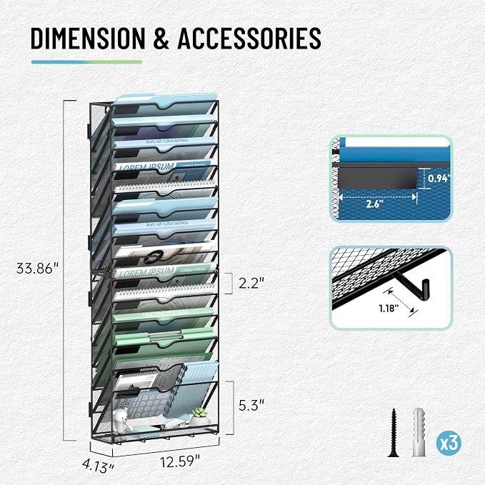 15-Tier Wall File Organizer with 5 Hooks, Wall Mounted Mail Organizer | File Holder Organizer, Metal Mesh Office Wall Organizer for Home, School & Classroom