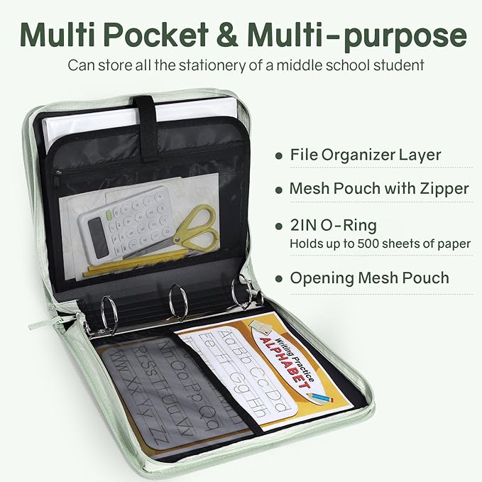 SUNEE Zippered Binder Bag with Handle, 2-Inch 3-Ring O-Ring, 500-Sheet Capacity, Includes Zip Pocket, 5-Tab Expanding File Folder, Multi-Pocket Organizer Binder for Middle School, Sage Green