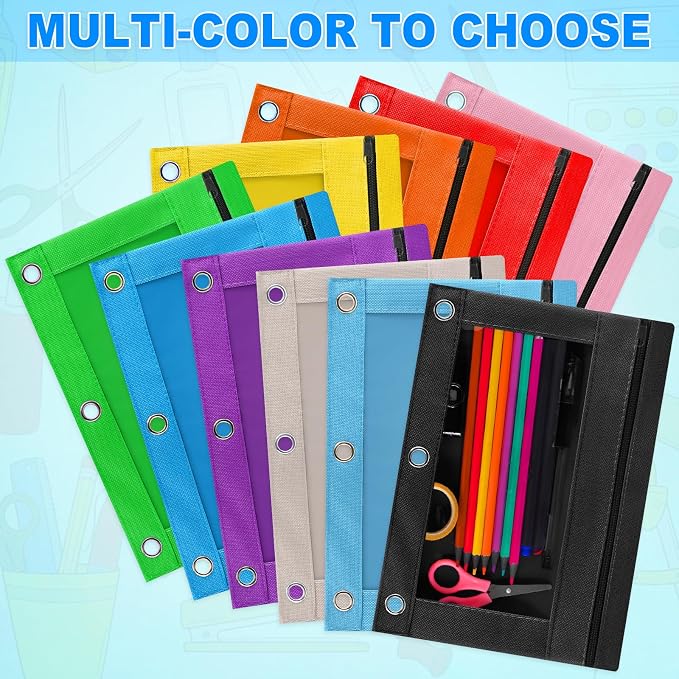 Pencil Pouch for 3 Ring Binder, 80 Pack Zipper Pencil Pouches/Case in Assorted Color, Durable Binder Pencil Pouch/Bag for Office School Supplies (10 Colors)