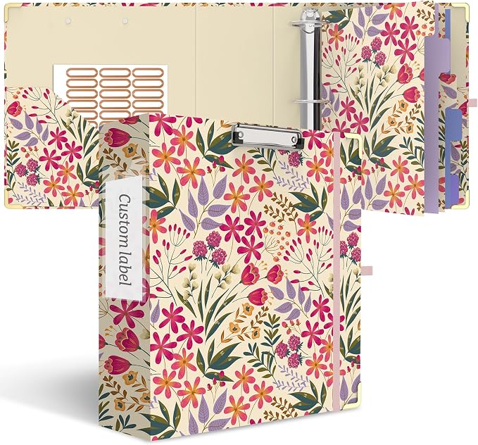 3 Ring Binder 3 Inch, Cute Round Ring Binder with 6 Tab Dividers & Label Stickers, Low Profile Clipboard with Storage, Fashion Binder for School Office Supplies (Pink Floral)