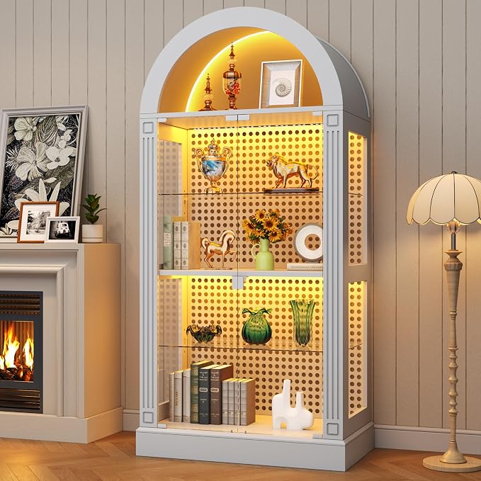 kepptory 71" Arched Display Cabinet with Glass Doors and LED, 5-Tier Curio Cabinet with Roman Line Design and Pegboard, Glass Display Case China Cabinet for Collectibles, Black