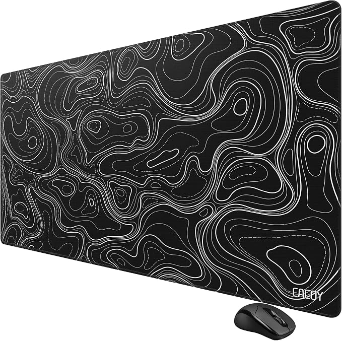 Cacoy 48" x 24" Black Topographic Gaming Mouse Pad, Non-Slip Large Desk Mat | Contour Line Extended Desktop Mat with Stitched Edges Textured Surface Keyboard Mouse Mat Optimized for Gamer Computer Laptop