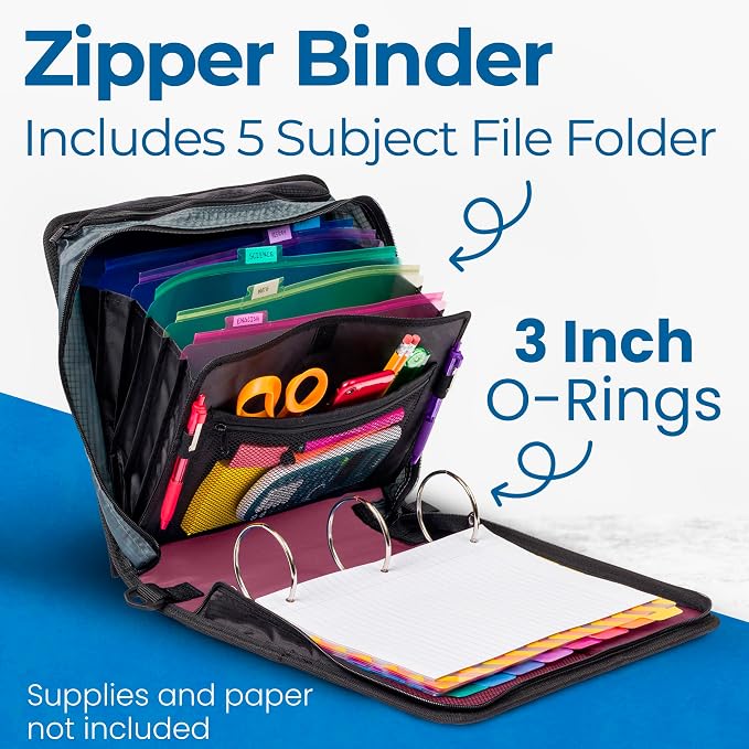 Case-it School Zipper Binder | 3" O-Rings | 600-Sheet | D-146 Red Burgundy | Mighty Zip Tab, 5-Subject Expanding File Folder, Multiple Pockets, Storage Organizer, Shoulder Strap, Office