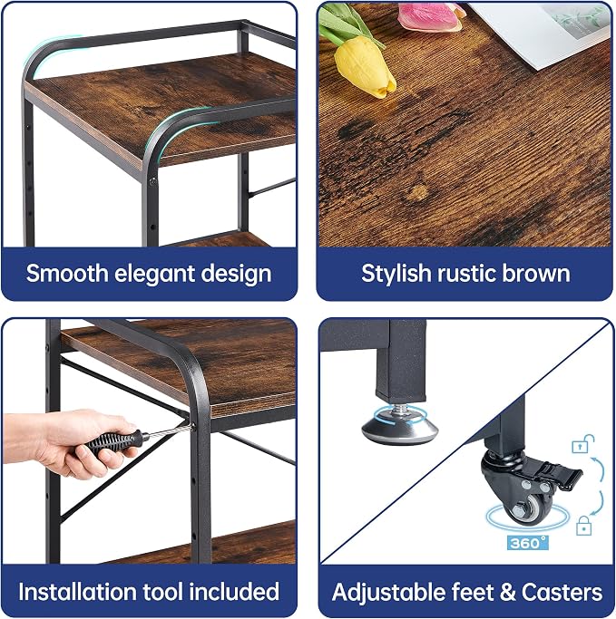 Fannova Large Size Under Desk Printer Stand, Height Adjustable Top Shelf | Table Top 20"x20", Fits 3D/Laser Printer, Heavy Duty Industrial Wheels, 2 Tier Rolling Cart Home Office Storage, Rustic Brown