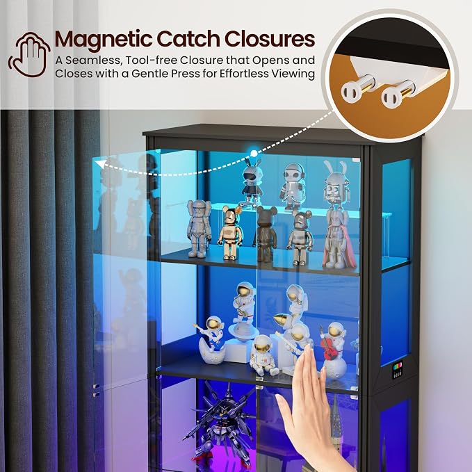 7-Tiers 71" Tall Display Cabinet with Glass Doors & Human Body Sensor-Black | 71inch Tall, 7+5 Color Lights, Fits Different Height Collectibles, Safety Lockable Keys, 4mm Thickened Glass, Easy Assembly