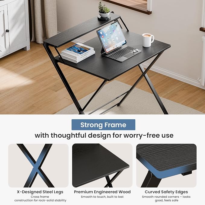 DUMOS Folding Desk with Shelf, No Assembly Computer Desk, Small Space Black | Foldable Desk with Shelf Saves Space for Bedroom, Office and Dorm Use