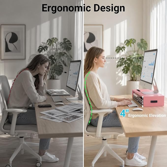 BONTEC Monitor Stand Riser with Cellphone Holder & Cable Management | 16.7 Inch Wood Monitor Riser Stand, Desktop Stand for PC/TV/Laptop/Printer, Pink