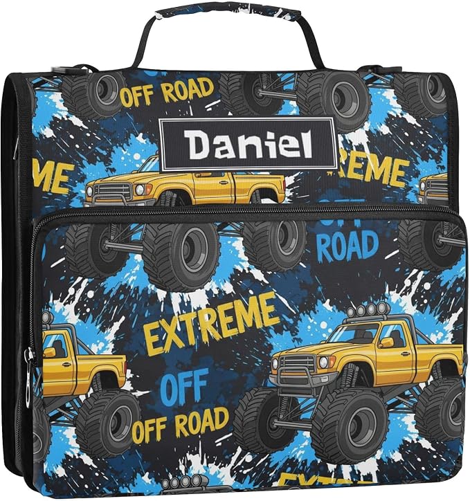 Custom Truck Black Blue Pattern 3 Ring Zipper Binder with Shoulder Strap & Handle 1.5 Inch D-Ring Zippered Bag with Multiple Pocket, Personalized Binder Organizer for School or Office