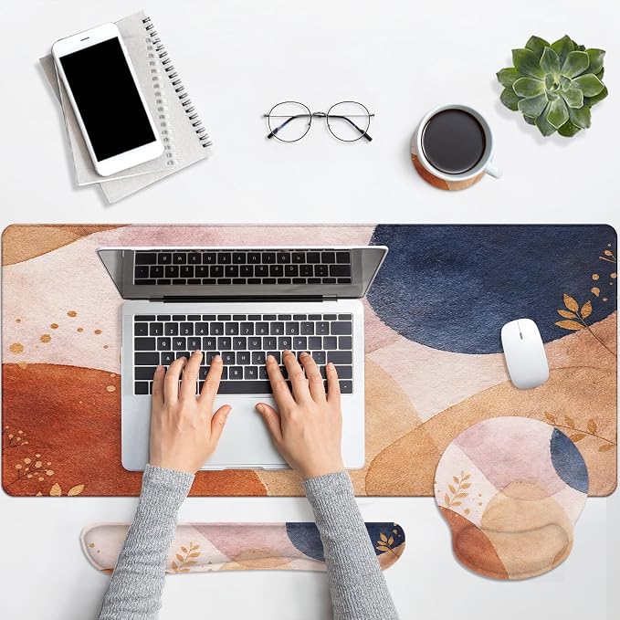 Keyboard Mouse Pad Set, 4 in 1 Desk Mat Set, Abstract Boho | Large Mousepad+Keyboard Wrist Rest+Mouse Wrist Rest+Coaster Ergonomic Design for Home Office Computer