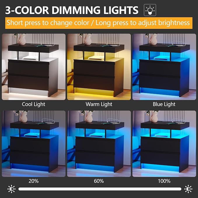 dnbss LED Nightstand with Charging Station, Smart Bedside Table, Black | Modern Night Stand, Floating Desktop, 2 Drawers, 1 Compartment, Human Body Sensor, for Bedroom Living Room Office Storage