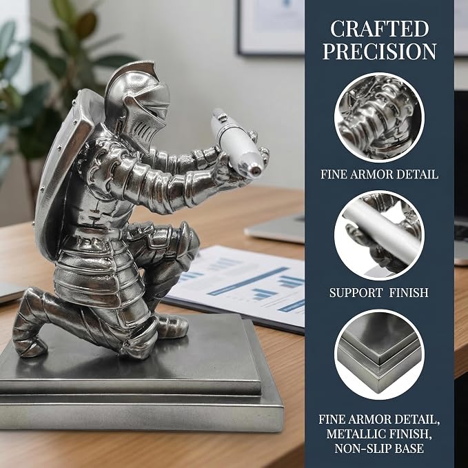 King's Guard Knight Pen Holder with Rollerball Pens, Medieval Warrior Desktop Organizer, Gothic Metal Desk Accessory Set, Silver Gift for Men