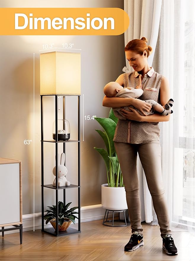 Floor Lamp with Shelves for Living Room 2 Pack, Shelf Floor Lamp with 3 CCT LED Bulb, Corner Display Standing Column Lamp Etagere Organizer Tower Nightstand with White Linen Shade for Bedroom, Office