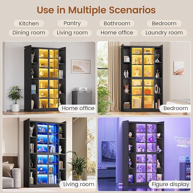 SEDETA 71" Tall 6-Tier Display Cabinet with Doors and Adjustable Shelves | Display Cases for Collectibles,Curio Cabinet with LED Lights & Acrylic Glass Doors for Bedroom Living Room Office,Black
