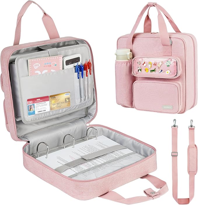 Zipper Binder 3 Ring with Ita Window,700 Sheets Capacity, Binder 3 Inch with Shoulder Strap Fits 13 Inch Laptop for School and Office,Pink