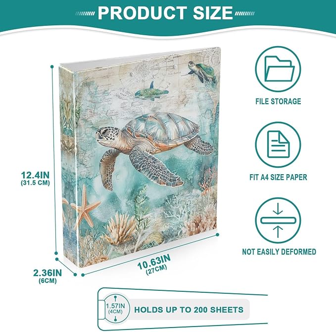 Sea Turtle Shell Starfish Coral Round Ring Binders 1.5 Inch Whale Nautical Ocean Theme 3 Ring Clipboard Binder for Office School Work Supplies File Folder 200 Sheet Capacity 2 Pieces