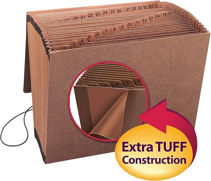Smead TUFF Expanding File, 31 Pockets, Daily (1-31), Flap and Cord Closure, Letter Size, Redrope (70367)
