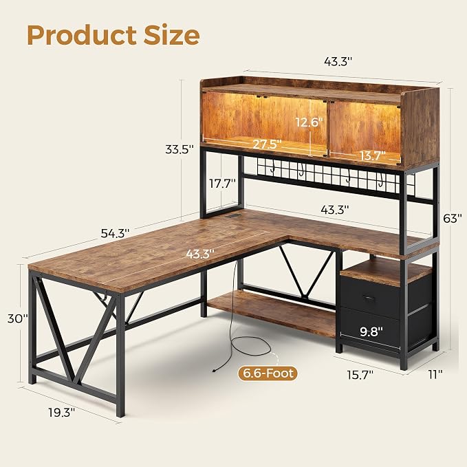 L Shaped Gaming Desk with Drawers, Corner Computer Desk with LED Tempered Glass Display Cabinet, Shaped L Office Desk with Charging Station and Fabric Drawer, PC Desk for Gaming and Office, Brown