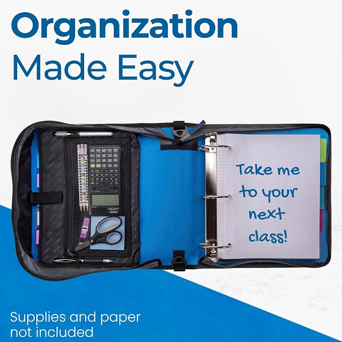 Case-it School Zipper Binder | 3" O-Rings | 600-Sheet | D-146 Denim Blue | Mighty Zip Tab, 5-Color Tab Expanding File Folder, Shoulder Strap, Handle, Office