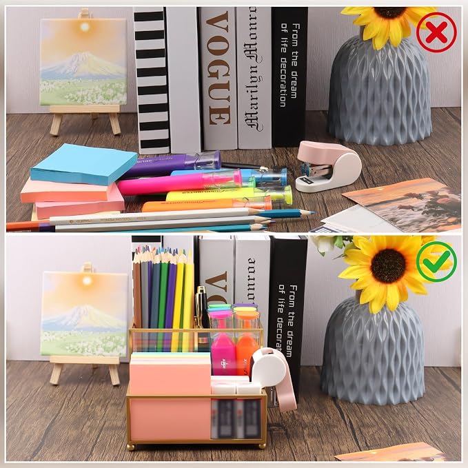 Glass Pen Holder for Desk,Gold Pencil Holder with 3 Compartments,Small Desk Organizer for Pens/Pencils/Sticky Notes,Stylish Clear Pen Organizer for Home Office Desk