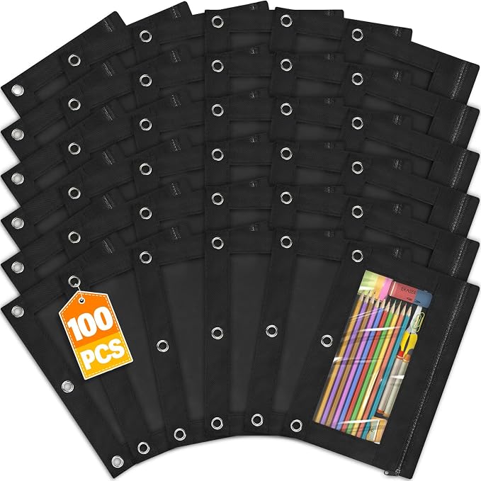 Pencil Pouch for 3 Ring Binder, 100 Packs Zipper Pencil Pouch Bulk (Black) | Pencil Case for Binder with Clear Window, Pencil Pouches Bulk for School Classroom, Teacher Students Supplies Bulk