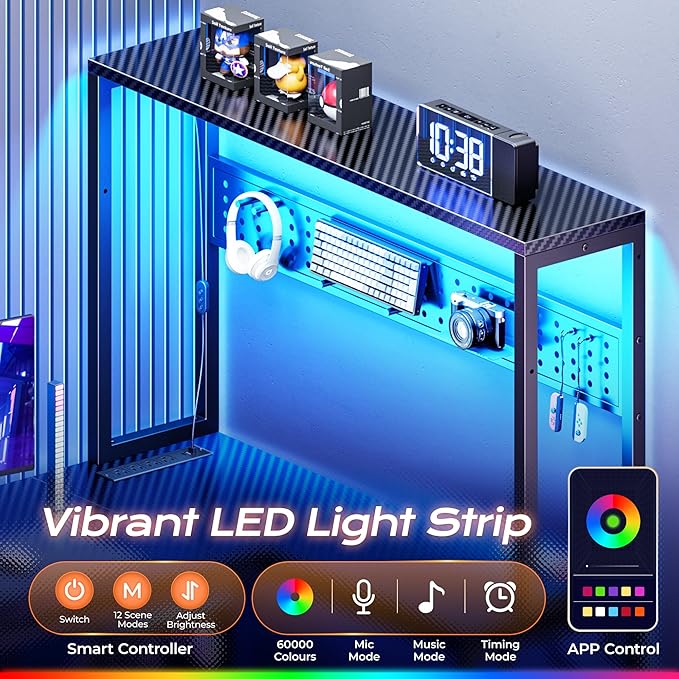 L Shaped Gaming Desk with LED Lights & Power Outlets | Reversible Computer Desk with Storage Shelves & Bag, Large Corner Home Office Desk for Work from Home, Carbon Fiber Black