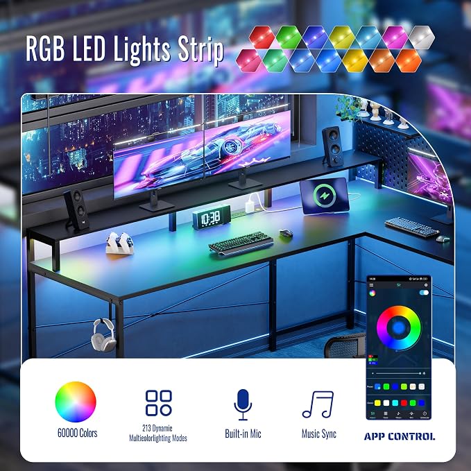Pamray 64 Inch L Shaped Gaming Desk with Monitor Stand and Power Outlets | Large Corner Computer Desk With Pegboard & Led Lights USB Charging Ports for Home Office Study and Writing Bedroom and Dorms