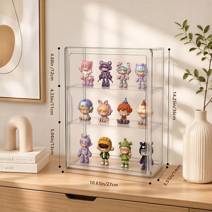 Attelite 4Pack Acrylic Display Cases for Collectibles,Wall-Mounted Desktop | Clear Showcase for Figures, 2 Adjustable Dividers, 3 Layer Acrylic Box, Tool-free Assembly, Magnetic Door, Stackable