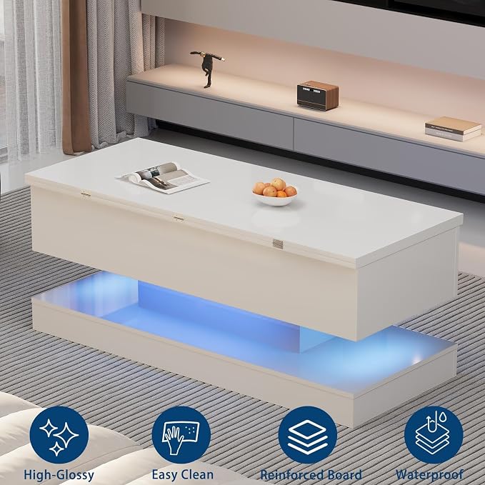GarveeHome 47.2 Inch Large Lift Top Coffee Table Modern High Glossy LED Storage Table with Remote Control for Living Room Dining Room Home Office White 47.2" l*19.29" w*17.72" h
