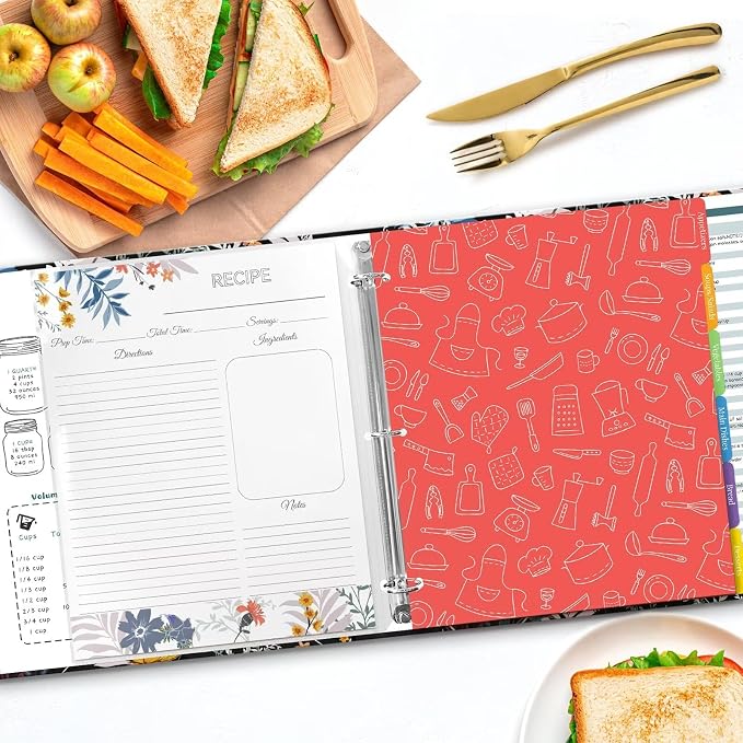 Recipe Binder 8.5x11 3 Ring with Plastic Sleeves, Blank Recipe Book Binder | Waterproof recipe binder 8.5x11 with plastic sleeves, recipe cards and gift box to make your own cookbook(Blossom).