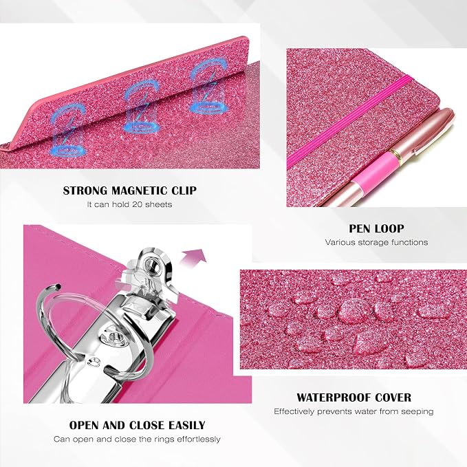 Ospelelf Glitter Leather Clipboard Binder 1 Inch, Magnetic Clipboard Folio Organizer with 5 Pocket Dividers & Zipper Pouch, Cute 3 Ring Document Organizer Binder for Office, Glitter Pink