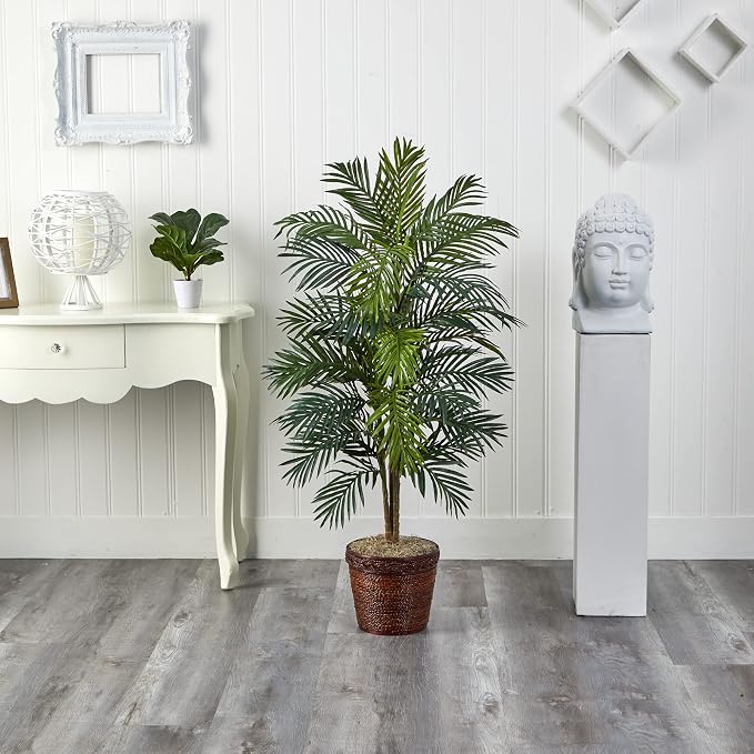 Nearly Natural 56 in Artificial Areca Palm Tree with Basket Floor Plant | Thirty-Two Lifelike Leaves, Wicker Basket Included, Maintenance-Free Indoor Accent, Home and Office Decor