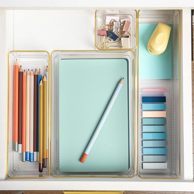 Martha Stewart Kerry Stackable Desk Drawer Organizers, Clear/Gold, 8-Pack | Various Sizes, Gold Trim, Stackable