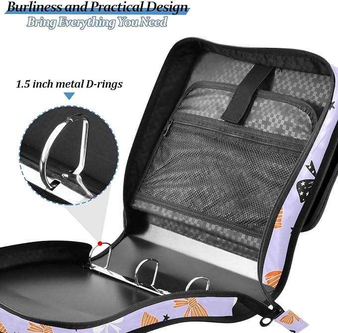 Custom Bow Star Black Print 3 Ring Zipper Binder with Shoulder Strap & Handle 1.5 Inch D-Ring Zippered Bag with Multiple Pocket, Personalized Binder Organizer for School or Office