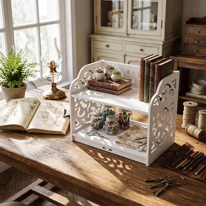 MyGift 2 Tier White Desktop Bookshelf Organizer with Scrollwork Design | Compact two-tier shelf adds stylish storage for books, décor, and office essentials on desks, counters, or living spaces
