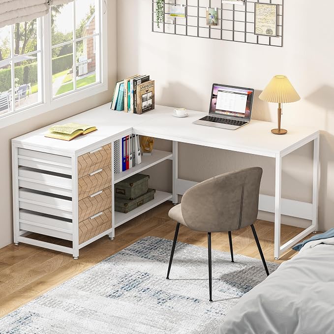 LITTLE TREE 59-Inch L Shaped Desk with Drawers, Large Computer Desk with Storage Shelves, Reversible L-Shaped Corner Desk Workstation for Home Office
