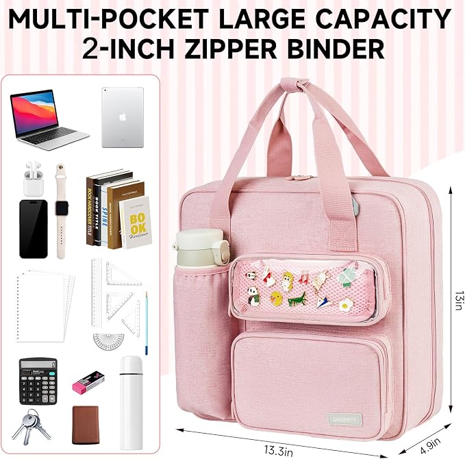 Zipper Binder 3 Ring with Ita Window,500 Sheets Capacity, Binder 2 Inch with Shoulder Strap Fits 13 Inch Laptop for School and Office,Pink