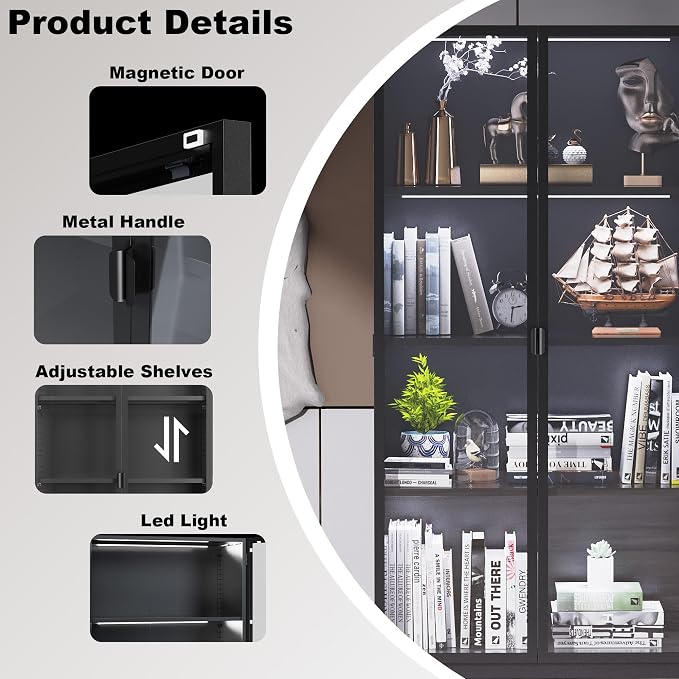 Kelueo 63" H Display Cabinet with Glass Doors,Tall Display Cabinet with LED Lights,Display Case for Collectibles,Glass Display Cabinets with 3 Adjustable Shelves for Living Room,Bedroom,Office