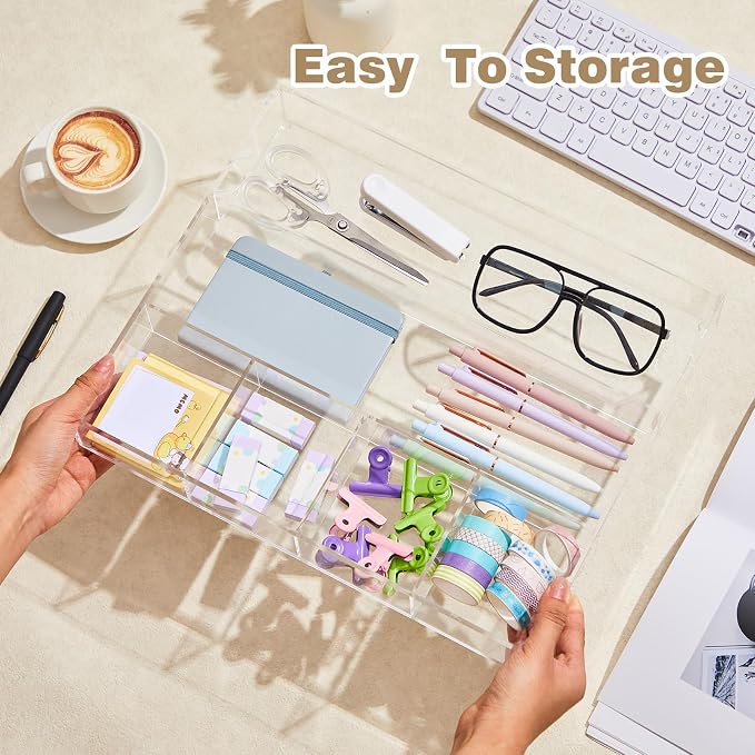 Large Acrylic Desk Deep Drawer Organizer with Adjustable Dividers, Anti-skip Clear Desk Top Junk Drawer Storage Tray for Pens, Desktop, Office, Bathroom, Kitchen, Makeup Supplies(6 Compartments)