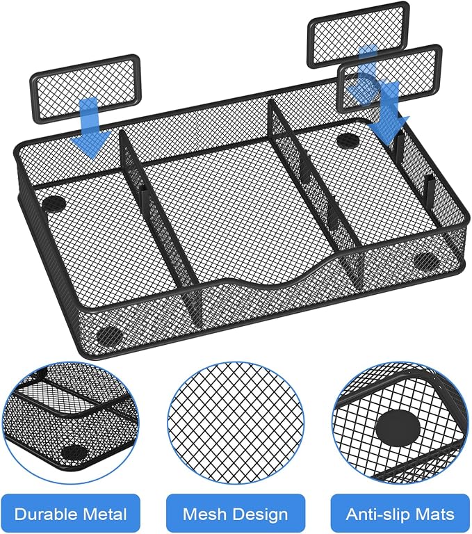 VyGrow Desk Drawer Organizer, Metal Mesh Drawer Organizer Tray with 6 Adjustable Compartment, Tray Organizer for Desktop, Kitchen, Bathroom, Makeup, Vanity - 14.5x8.8x1.96 inch, Black, 1PC Large