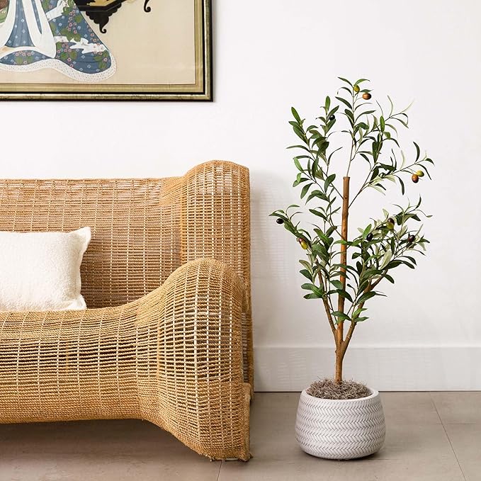 Nearly Natural 3 ft Artificial Olive Tree with Natural Trunk for Decor | Lifelike Fruits and Branches, Maintenance-Free, Nursery Planter Included, Mediterranean Style for Home and Office Decor