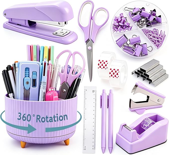 Gawsey Purple Desk Organizers and Accessories with Desk Organizer 360° Rotating Pen Holder and Office Supplies, Cute Stationery Supplies Set