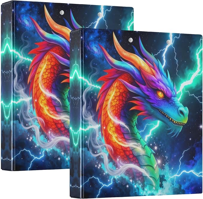 Dragon Thunder Lightning Round Ring Binders 1.5 Inch Green Red Fire Dinosaur Cool 3 Ring Clipboard Binder for Office School Work Supplies File Folder Document 200 Sheet Capacity Easy Open