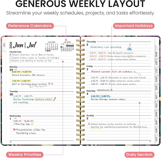 Planner 2026-2027, Monthly & Weekly Jul 2026-Jun 2027 Calendar Book | 6.3" x 8.5", Hardcover Spiral Planner with Tabs, School & Daily Pretty Agenda for Women, Students, Teachers, Velvet Path